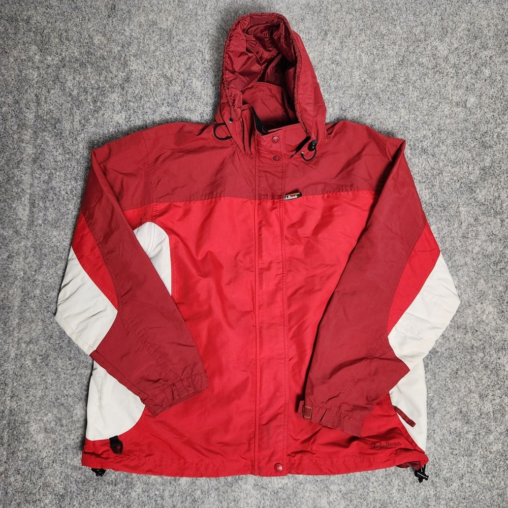 LL Bean VTG Hooded Windbreaker Jacket Womens XL Red White Zip Button Long Sleeve